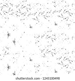 Grunge overlay layer. Abstract black and white vector background. Monochrome vintage surface with dirty pattern in cracks, spots, dots. Old wall in dark horror style design