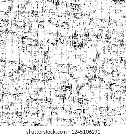 Grunge overlay layer. Abstract black and white vector background. Monochrome vintage surface with dirty pattern in cracks, spots, dots. Old wall in dark horror style design