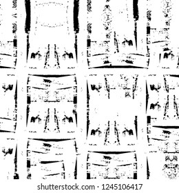 Grunge overlay layer. Abstract black and white vector background. Monochrome vintage surface with dirty pattern in cracks, spots, dots. Old wall in dark horror style design