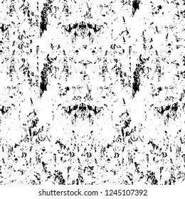 Grunge overlay layer. Abstract black and white vector background. Monochrome vintage surface with dirty pattern in cracks, spots, dots. Old wall in dark horror style design