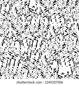 Grunge overlay layer. Abstract black and white vector background. Monochrome vintage surface with dirty pattern in cracks, spots, dots. Old wall in dark horror style design