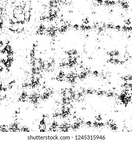 Grunge overlay layer. Abstract black and white vector background. Monochrome vintage surface with dirty pattern in cracks, spots, dots. Old wall in dark horror style design