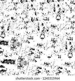 Grunge overlay layer. Abstract black and white vector background. Monochrome vintage surface with dirty pattern in cracks, spots, dots. Old wall in dark horror style design