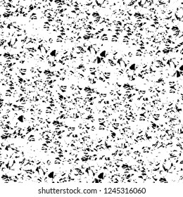 Grunge overlay layer. Abstract black and white vector background. Monochrome vintage surface with dirty pattern in cracks, spots, dots. Old wall in dark horror style design
