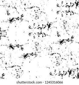 Grunge overlay layer. Abstract black and white vector background. Monochrome vintage surface with dirty pattern in cracks, spots, dots. Old wall in dark horror style design