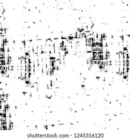 Grunge overlay layer. Abstract black and white vector background. Monochrome vintage surface with dirty pattern in cracks, spots, dots. Old wall in dark horror style design