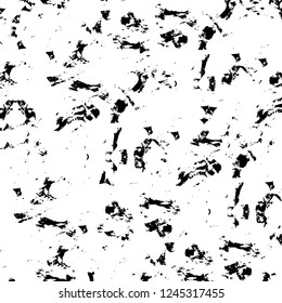 Grunge overlay layer. Abstract black and white vector background. Monochrome vintage surface with dirty pattern in cracks, spots, dots. Old wall in dark horror style design