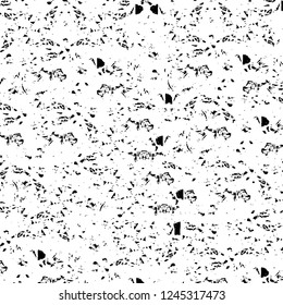 Grunge overlay layer. Abstract black and white vector background. Monochrome vintage surface with dirty pattern in cracks, spots, dots. Old wall in dark horror style design