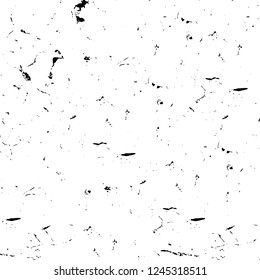 Grunge overlay layer. Abstract black and white vector background. Monochrome vintage surface with dirty pattern in cracks, spots, dots. Old wall in dark horror style design