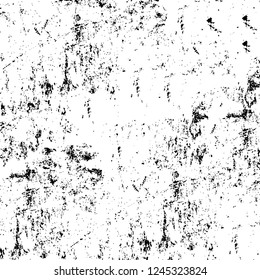 Grunge overlay layer. Abstract black and white vector background. Monochrome vintage surface with dirty pattern in cracks, spots, dots. Old wall in dark horror style design