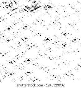 Grunge overlay layer. Abstract black and white vector background. Monochrome vintage surface with dirty pattern in cracks, spots, dots. Old wall in dark horror style design