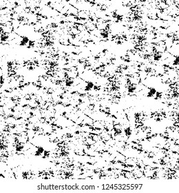 Grunge overlay layer. Abstract black and white vector background. Monochrome vintage surface with dirty pattern in cracks, spots, dots. Old wall in dark horror style design