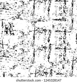 Grunge overlay layer. Abstract black and white vector background. Monochrome vintage surface with dirty pattern in cracks, spots, dots. Old wall in dark horror style design