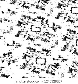 Grunge overlay layer. Abstract black and white vector background. Monochrome vintage surface with dirty pattern in cracks, spots, dots. Old wall in dark horror style design