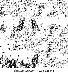 Grunge overlay layer. Abstract black and white vector background. Monochrome vintage surface with dirty pattern in cracks, spots, dots. Old wall in dark horror style design