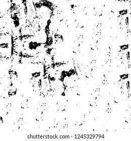 Grunge overlay layer. Abstract black and white vector background. Monochrome vintage surface with dirty pattern in cracks, spots, dots. Old wall in dark horror style design