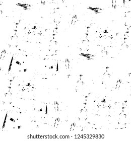 Grunge overlay layer. Abstract black and white vector background. Monochrome vintage surface with dirty pattern in cracks, spots, dots. Old wall in dark horror style design