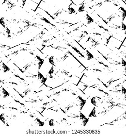 Grunge overlay layer. Abstract black and white vector background. Monochrome vintage surface with dirty pattern in cracks, spots, dots. Old wall in dark horror style design