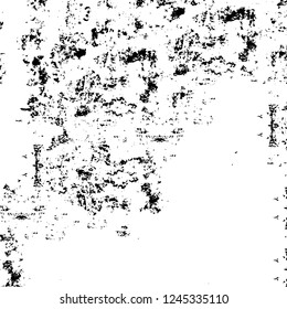 Grunge overlay layer. Abstract black and white vector background. Monochrome vintage surface with dirty pattern in cracks, spots, dots. Old wall in dark horror style design