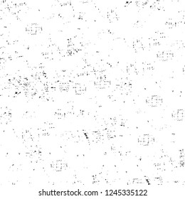 Grunge overlay layer. Abstract black and white vector background. Monochrome vintage surface with dirty pattern in cracks, spots, dots. Old wall in dark horror style design