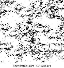 Grunge overlay layer. Abstract black and white vector background. Monochrome vintage surface with dirty pattern in cracks, spots, dots. Old wall in dark horror style design