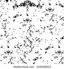 Grunge overlay layer. Abstract black and white vector background. Monochrome vintage surface with dirty pattern in cracks, spots, dots. Old wall in dark horror style design