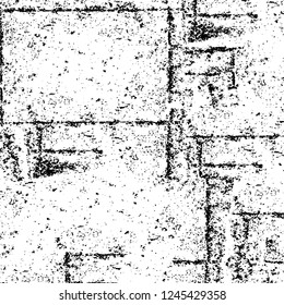 Grunge overlay layer. Abstract black and white vector background. Monochrome vintage surface with dirty pattern in cracks, spots, dots. Old wall in dark horror style design