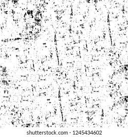 Grunge overlay layer. Abstract black and white vector background. Monochrome vintage surface with dirty pattern in cracks, spots, dots. Old wall in dark horror style design