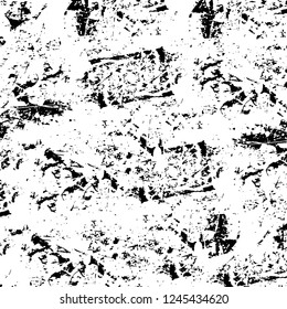 Grunge overlay layer. Abstract black and white vector background. Monochrome vintage surface with dirty pattern in cracks, spots, dots. Old wall in dark horror style design