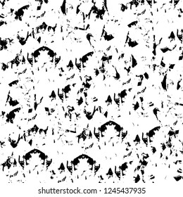 Grunge overlay layer. Abstract black and white vector background. Monochrome vintage surface with dirty pattern in cracks, spots, dots. Old wall in dark horror style design
