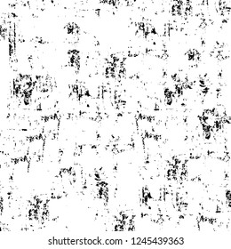 Grunge overlay layer. Abstract black and white vector background. Monochrome vintage surface with dirty pattern in cracks, spots, dots. Old wall in dark horror style design