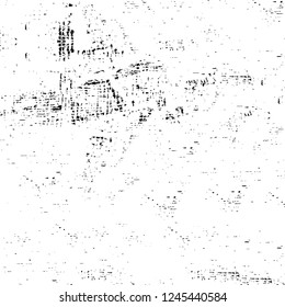 Grunge overlay layer. Abstract black and white vector background. Monochrome vintage surface with dirty pattern in cracks, spots, dots. Old wall in dark horror style design