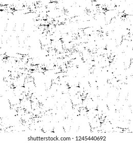 Grunge overlay layer. Abstract black and white vector background. Monochrome vintage surface with dirty pattern in cracks, spots, dots. Old wall in dark horror style design