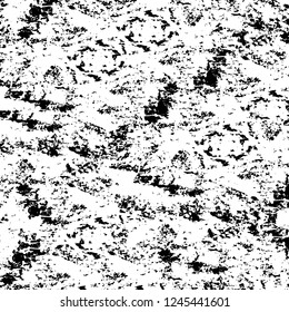 Grunge overlay layer. Abstract black and white vector background. Monochrome vintage surface with dirty pattern in cracks, spots, dots. Old wall in dark horror style design