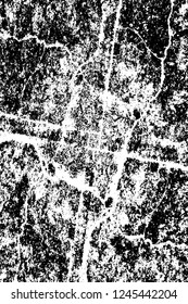 Grunge overlay layer. Abstract black and white vector background. Monochrome vintage surface with dirty pattern in cracks, spots, dots. Old wall in dark horror style design