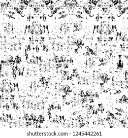 Grunge overlay layer. Abstract black and white vector background. Monochrome vintage surface with dirty pattern in cracks, spots, dots. Old wall in dark horror style design