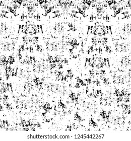Grunge overlay layer. Abstract black and white vector background. Monochrome vintage surface with dirty pattern in cracks, spots, dots. Old wall in dark horror style design
