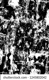 Grunge overlay layer. Abstract black and white vector background. Monochrome vintage surface with dirty pattern in cracks, spots, dots. Old painted wall in dark horror style design