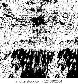 Grunge overlay layer. Abstract black and white vector background. Monochrome vintage surface with dirty pattern in cracks, spots, dots. Old painted wall in dark horror style design