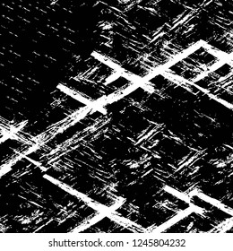 Grunge overlay layer. Abstract black and white vector background. Monochrome vintage surface with dirty pattern in cracks, spots, dots. Old painted wall in dark horror style design