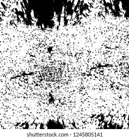 Grunge overlay layer. Abstract black and white vector background. Monochrome vintage surface with dirty pattern in cracks, spots, dots. Old painted wall in dark horror style design