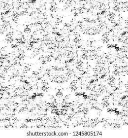 Grunge overlay layer. Abstract black and white vector background. Monochrome vintage surface with dirty pattern in cracks, spots, dots. Old painted wall in dark horror style design