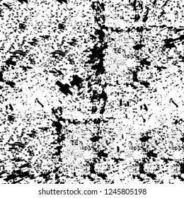 Grunge overlay layer. Abstract black and white vector background. Monochrome vintage surface with dirty pattern in cracks, spots, dots. Old painted wall in dark horror style design
