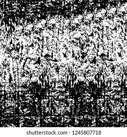 Grunge overlay layer. Abstract black and white vector background. Monochrome vintage surface with dirty pattern in cracks, spots, dots. Old painted wall in dark horror style design