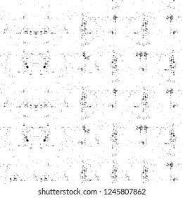 Grunge overlay layer. Abstract black and white vector background. Monochrome vintage surface with dirty pattern in cracks, spots, dots. Old painted wall in dark horror style design
