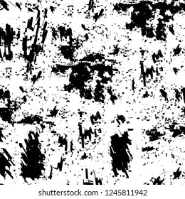 Grunge overlay layer. Abstract black and white vector background. Monochrome vintage surface with dirty pattern in cracks, spots, dots. Old painted wall in dark horror style design