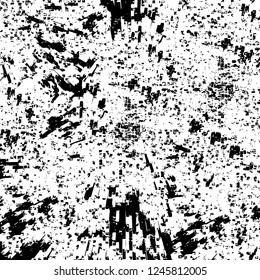 Grunge overlay layer. Abstract black and white vector background. Monochrome vintage surface with dirty pattern in cracks, spots, dots. Old painted wall in dark horror style design