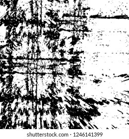 Grunge overlay layer. Abstract black and white vector background. Monochrome vintage surface with dirty pattern in cracks, spots, dots. Old painted wall in dark horror style design