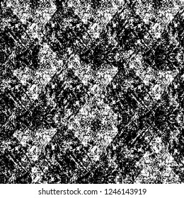 Grunge overlay layer. Abstract black and white vector background. Monochrome vintage surface with dirty pattern in cracks, spots, dots. Old painted wall in dark horror style design