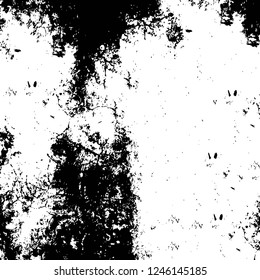 Grunge overlay layer. Abstract black and white vector background. Monochrome vintage surface with dirty pattern in cracks, spots, dots. Old painted wall in dark horror style design